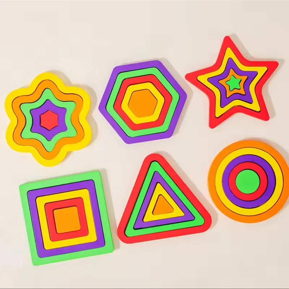 Wooden 3D Shapes Color Cognition Board Geometric Puzzles Montessori